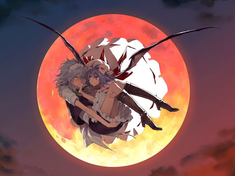 Two characters flying in front of a red moon
