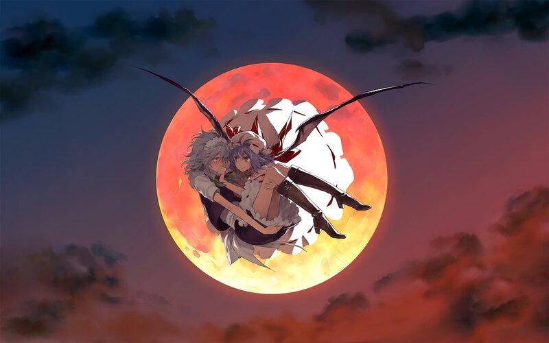 Two characters flying in front of a red moon
