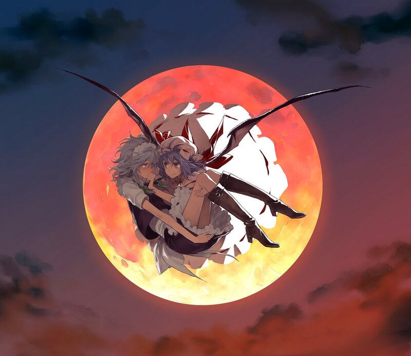 Two characters flying in front of a red moon