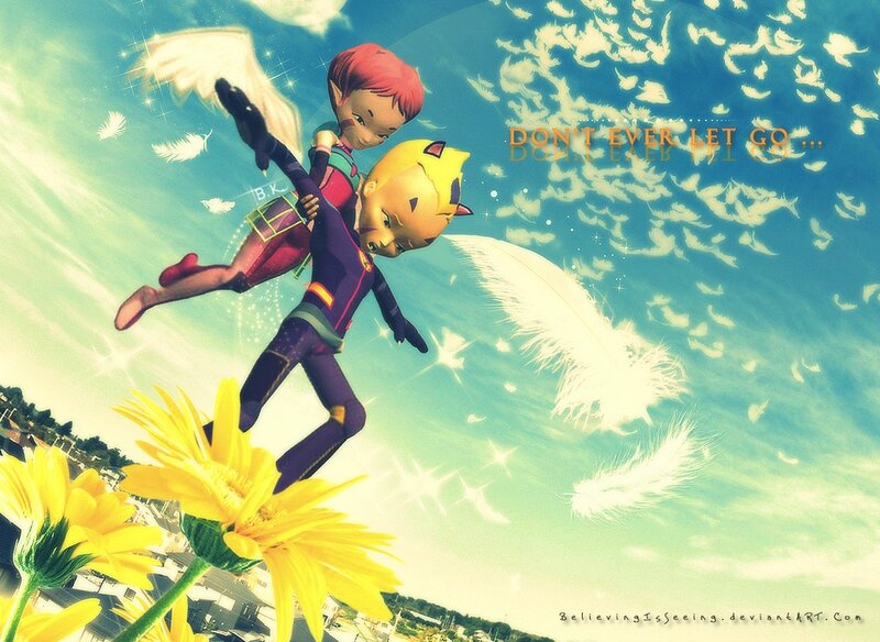 Two Characters Flying — Yellow