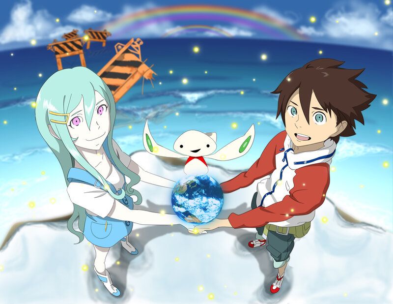 Two characters holding a globe