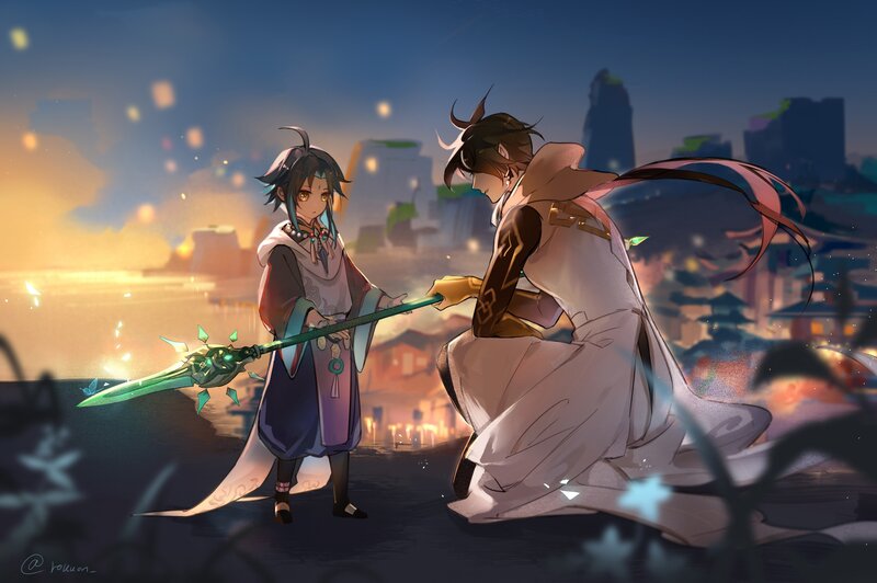 Two Characters Holding a Spear
