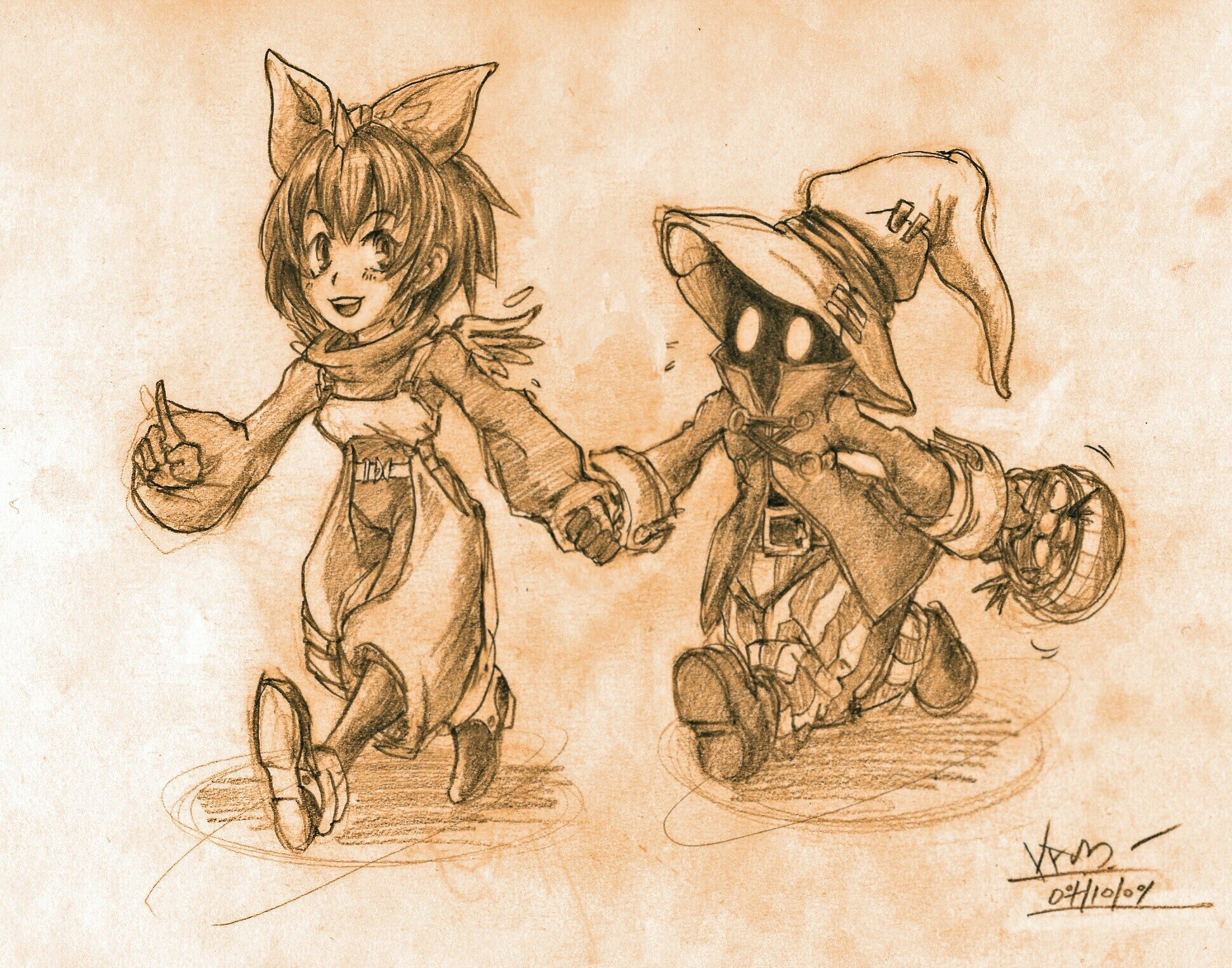 two characters holding hands