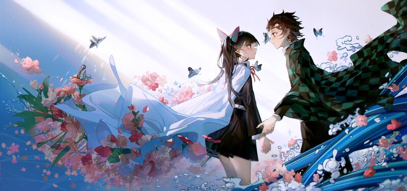 Two Characters Holding Hands — Blue, Serene, Spring