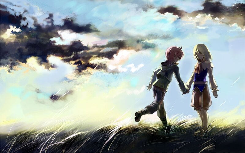 Two characters holding hands in a field