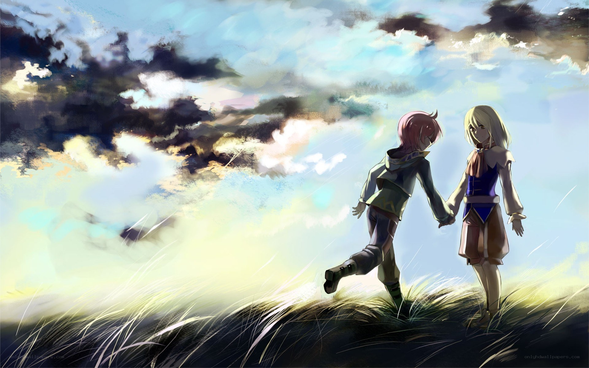 Two characters holding hands in a field