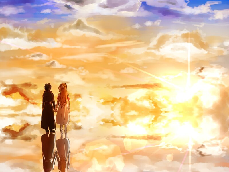 Two Characters Holding Hands — Orange, Serene, Sunset