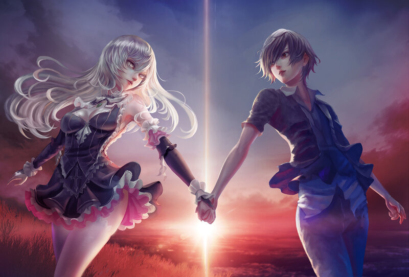 Two Characters Holding Hands — Purple, Dramatic, Sunset
