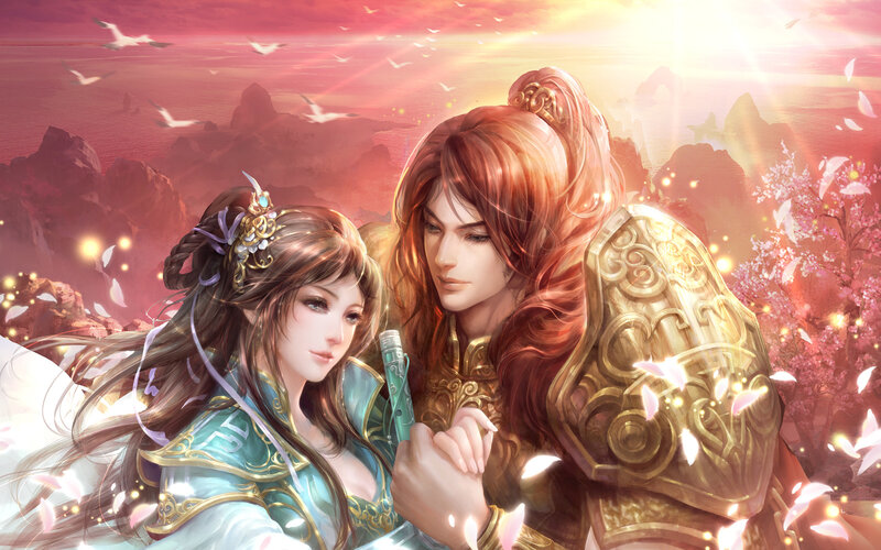 Two Characters Holding Hands — Red, Serene