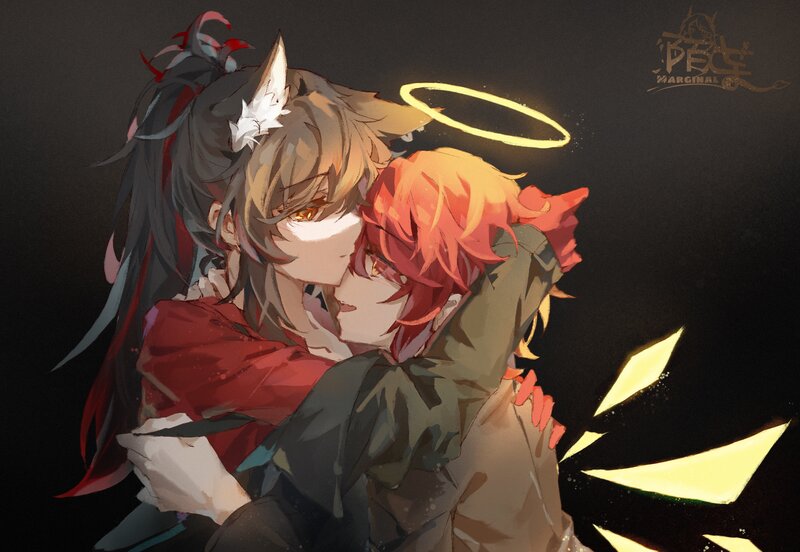 Two Characters Hugging — Black, Dramatic, Night, Digital Art