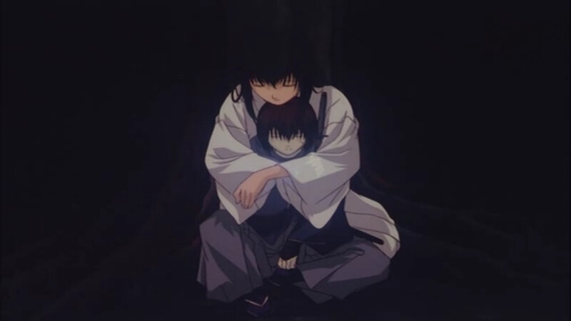 Two Characters Hugging — Black, Somber