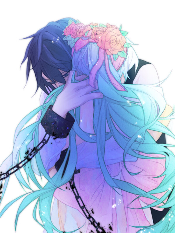 Two Characters Hugging — Blue, Dramatic, Anime, Flowers