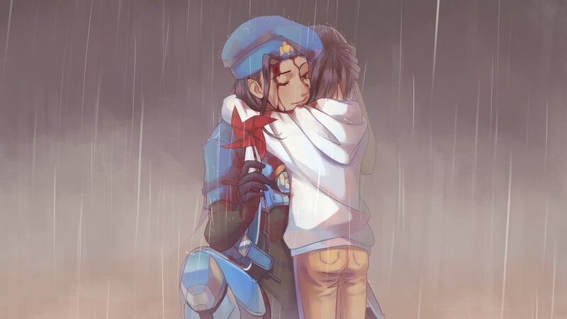 Two Characters Hugging — Blue, Dramatic, Digital Art, Rain