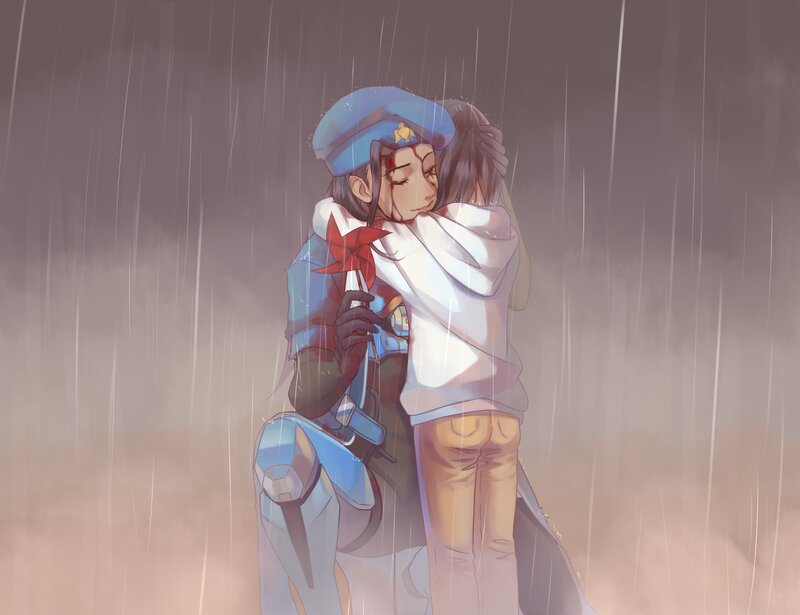 Two Characters Hugging — Blue, Dramatic, Digital Art