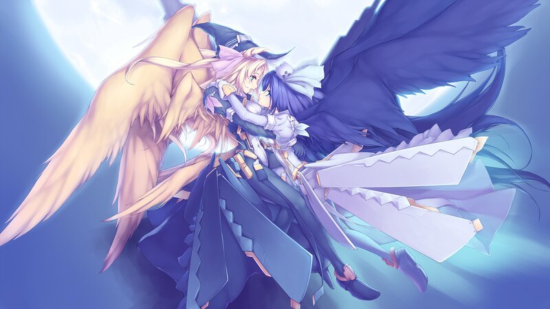 Two Characters Hugging — Blue, Dramatic, Night, Anime, Wings