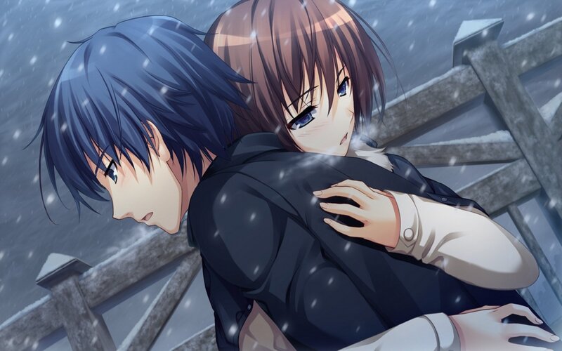 Two Characters Hugging — Blue, Melancholic