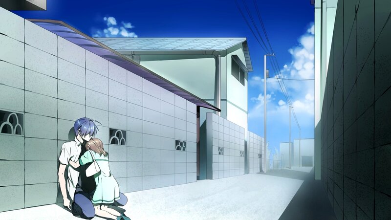 Two Characters Hugging — Blue, Serene, Afternoon, Anime, Building
