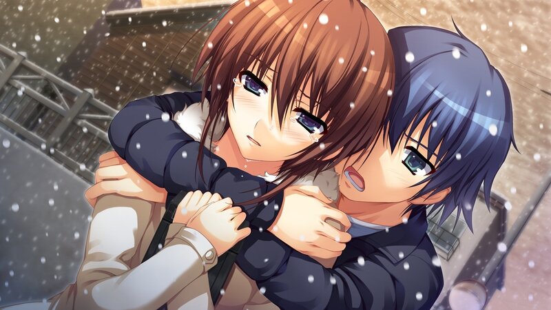 Two Characters Hugging — Brown, Dramatic, Winter