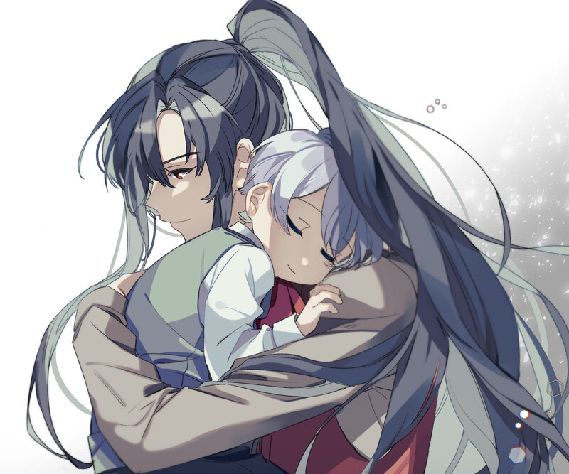Two Characters Hugging — Gray, Calm, Anime