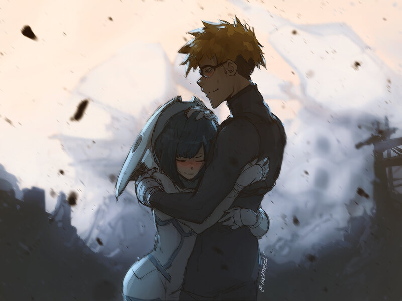 Two Characters Hugging — Gray, Dramatic