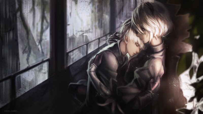 Two Characters Hugging — Gray, Melancholic