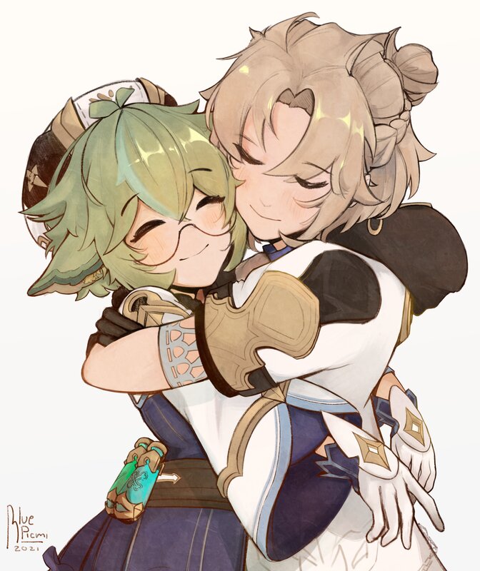 Two Characters Hugging — Green, Affectionate