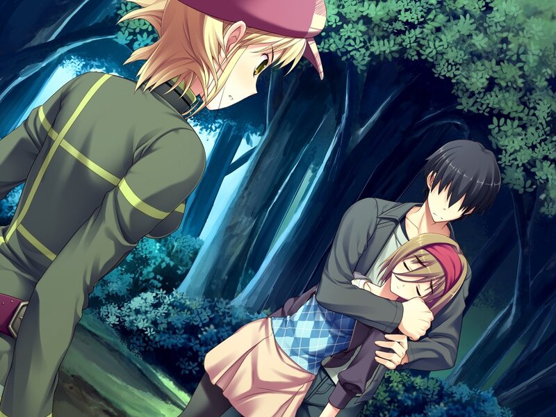 Two Characters Hugging — Green, Dramatic