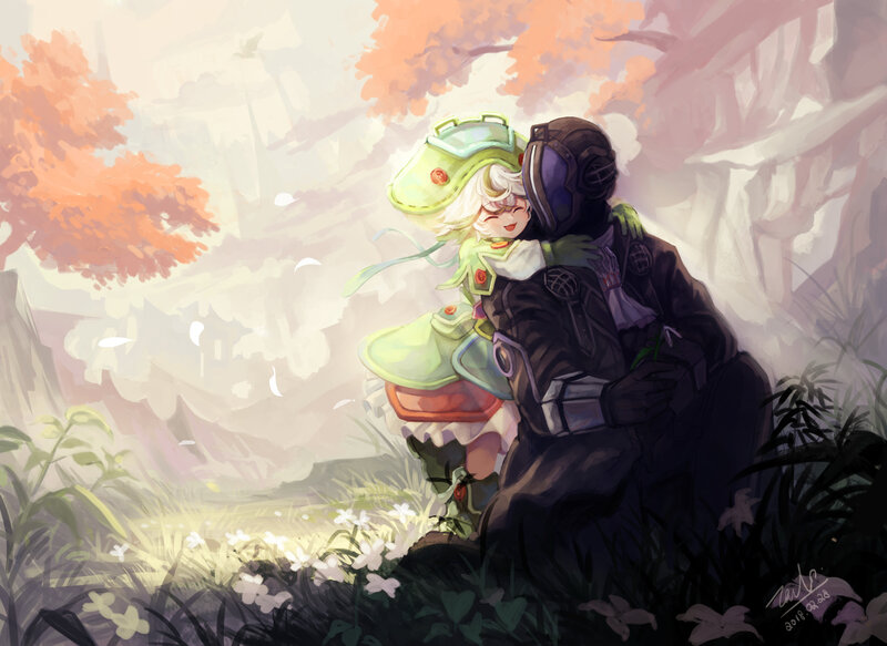 Two Characters Hugging — Green, Serene, Autumn