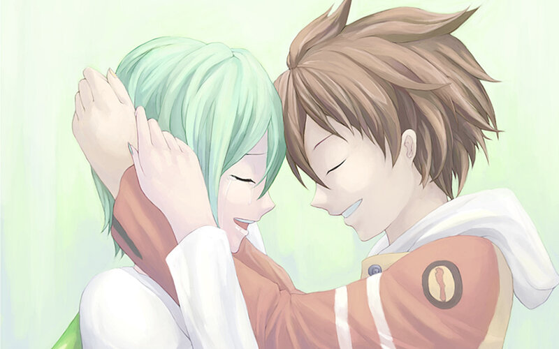 Two Characters Hugging — Green, Tender