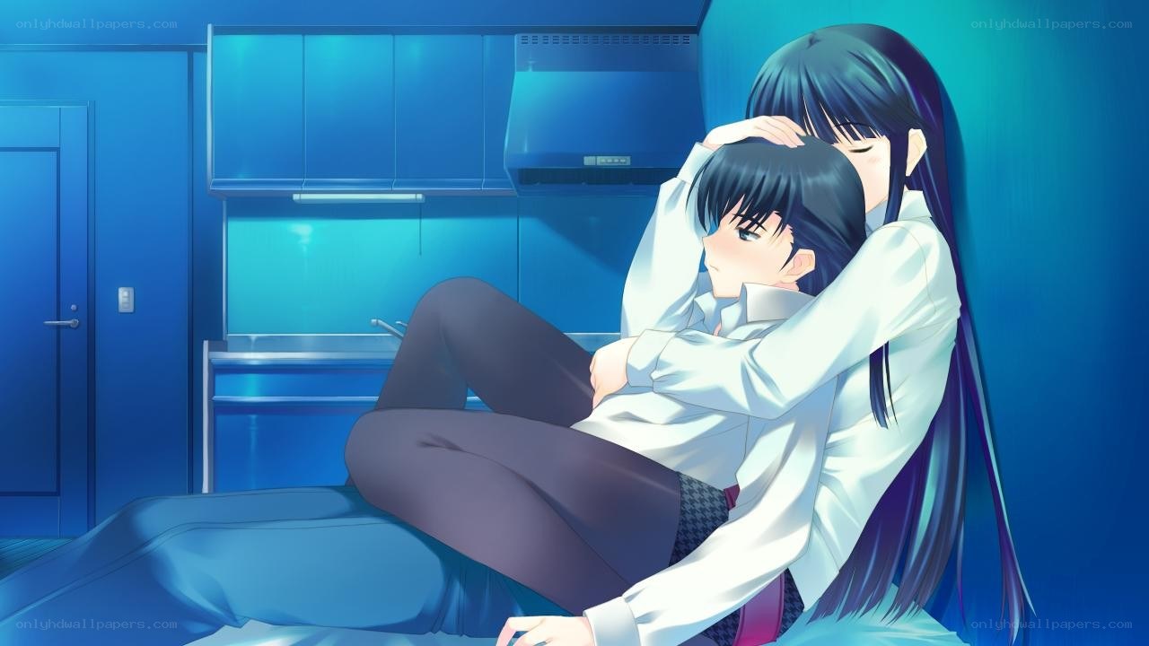 Two characters hugging in a kitchen