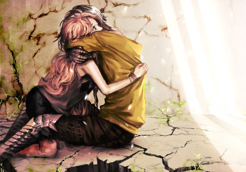 two characters hugging in ruins