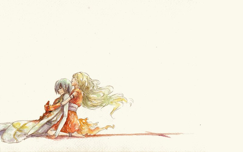 Two Characters Hugging — Orange, Calm