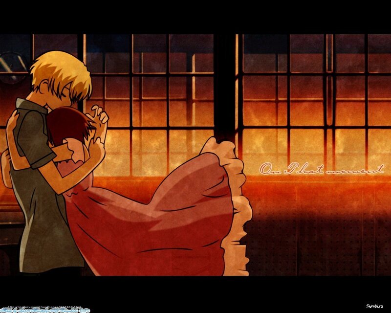 Two Characters Hugging — Orange, Dramatic, Sunset, Anime, Window