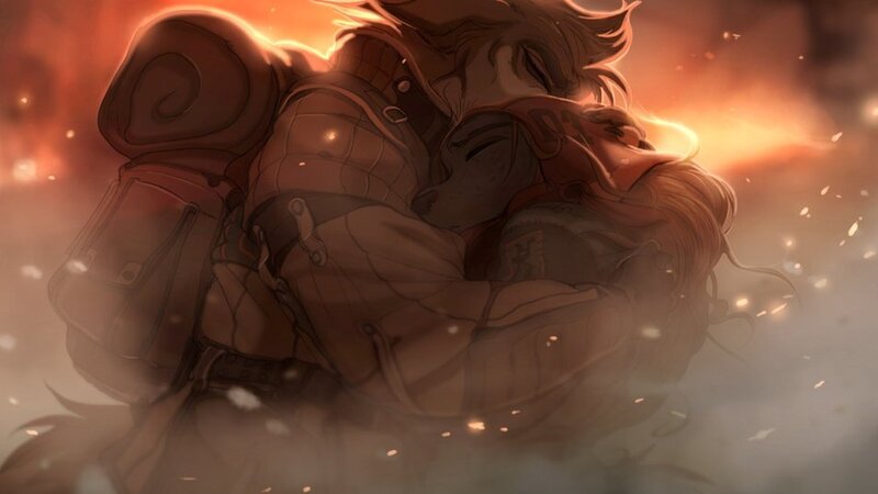 Two Characters Hugging — Orange, Dramatic, Sunset, Digital Art