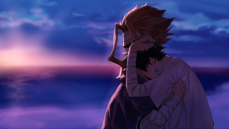 Two Characters Hugging — Purple, Dramatic, Sunset