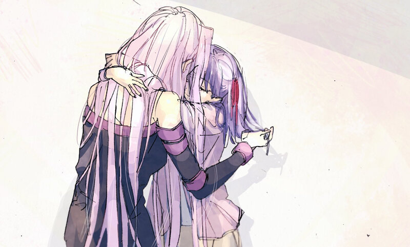 Two Characters Hugging — Purple, Intimate, Anime