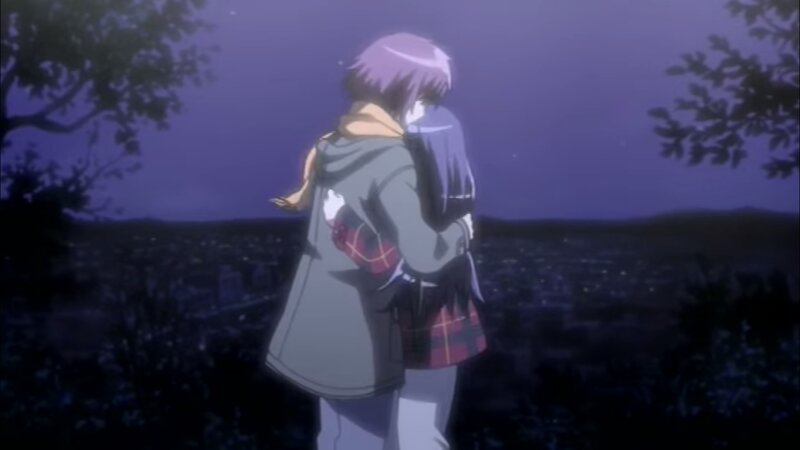 Two Characters Hugging — Purple, Serene, Night