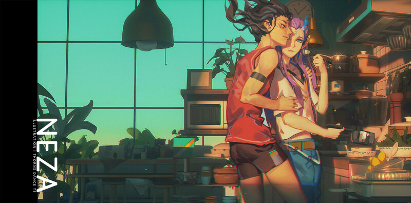 Two Characters Hugging — Teal, Intimate