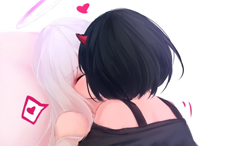 Two Characters Hugging — White, Affectionate, Digital Art, Angel Wings