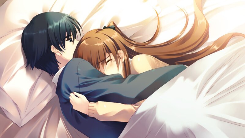 Two Characters Hugging — White, Calm, Anime, Bed