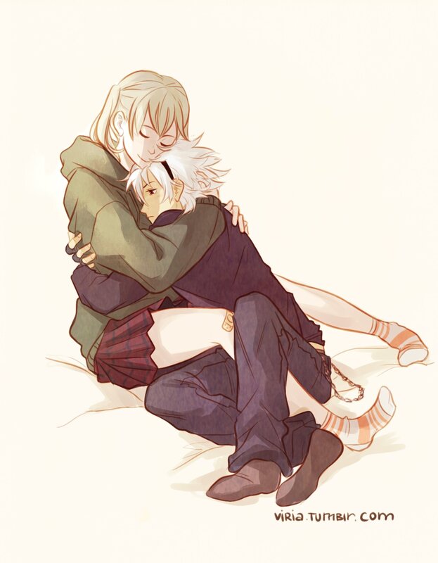 Two Characters Hugging — White, Calm, Anime