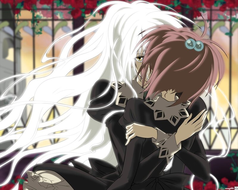 Two Characters Hugging — White, Dramatic, Sunset, Anime, Long White Hair