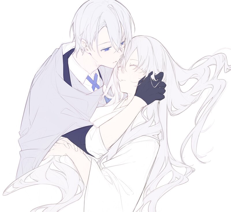 Two Characters Hugging — White, Intimate, Anime