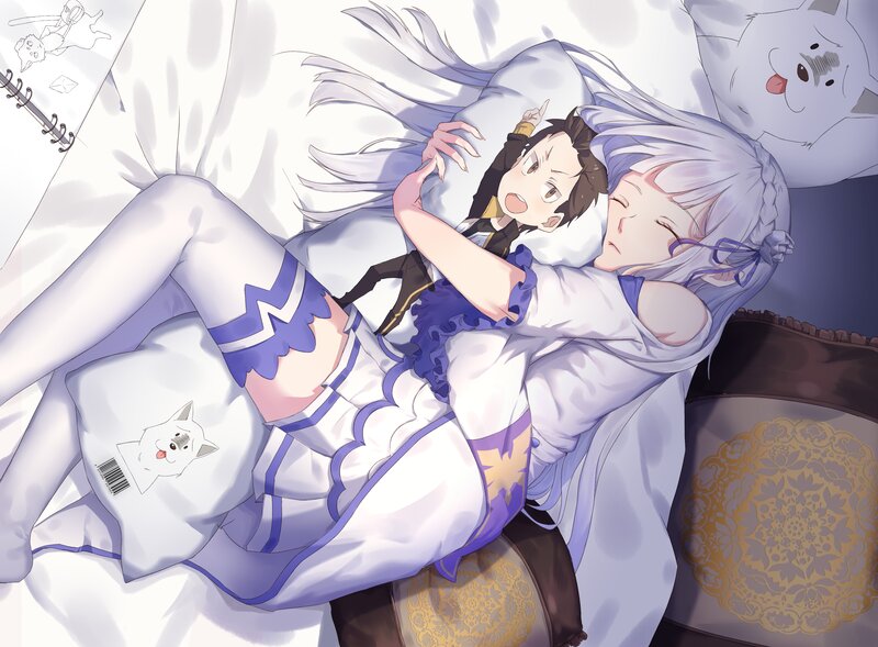 Two Characters Hugging — White, Peaceful, Anime, Pillows