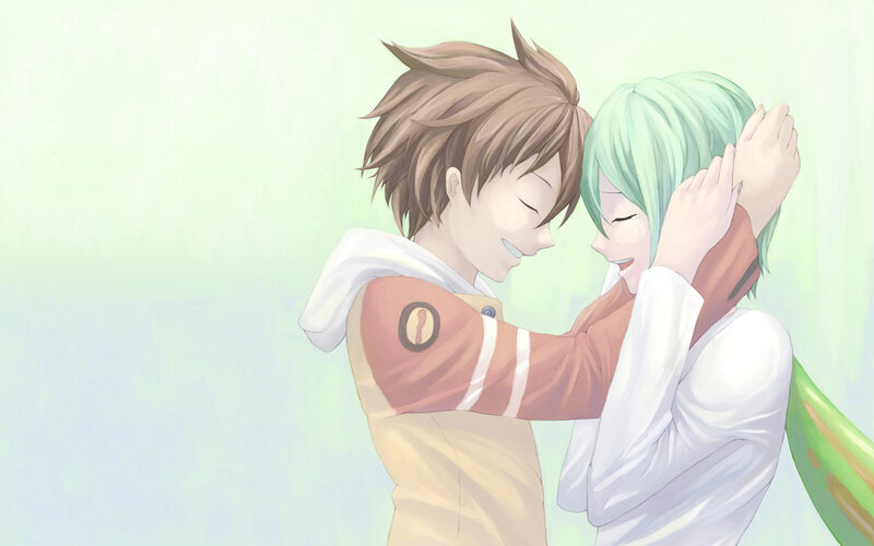 Two Characters Hugging — White, Peaceful