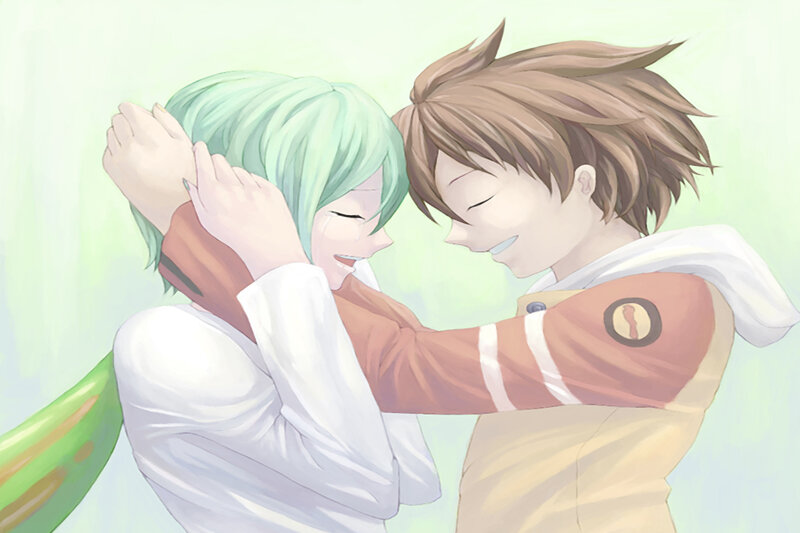 Two Characters Hugging — White, Tender