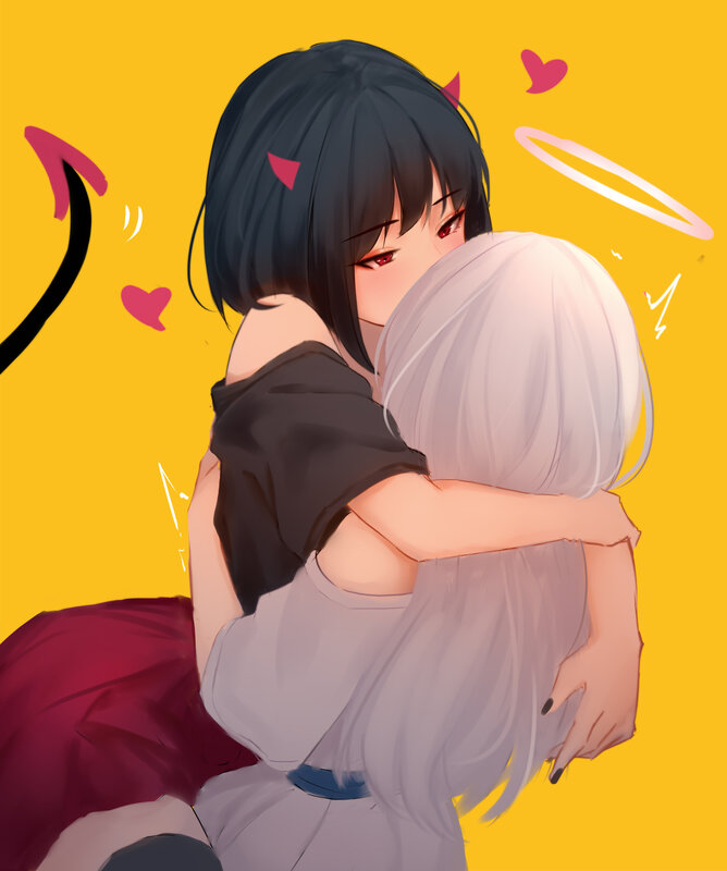 Two Characters Hugging — Yellow, Affectionate