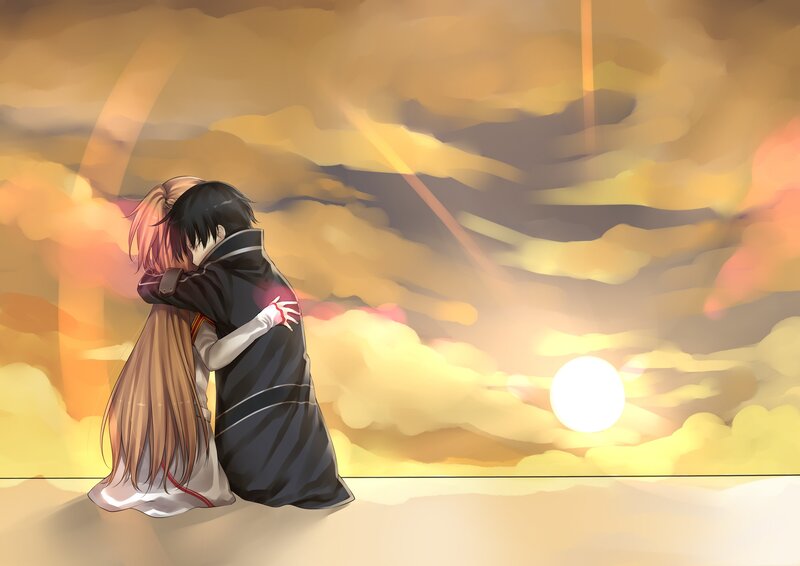 Two Characters Hugging — Yellow, Dramatic, Sunset