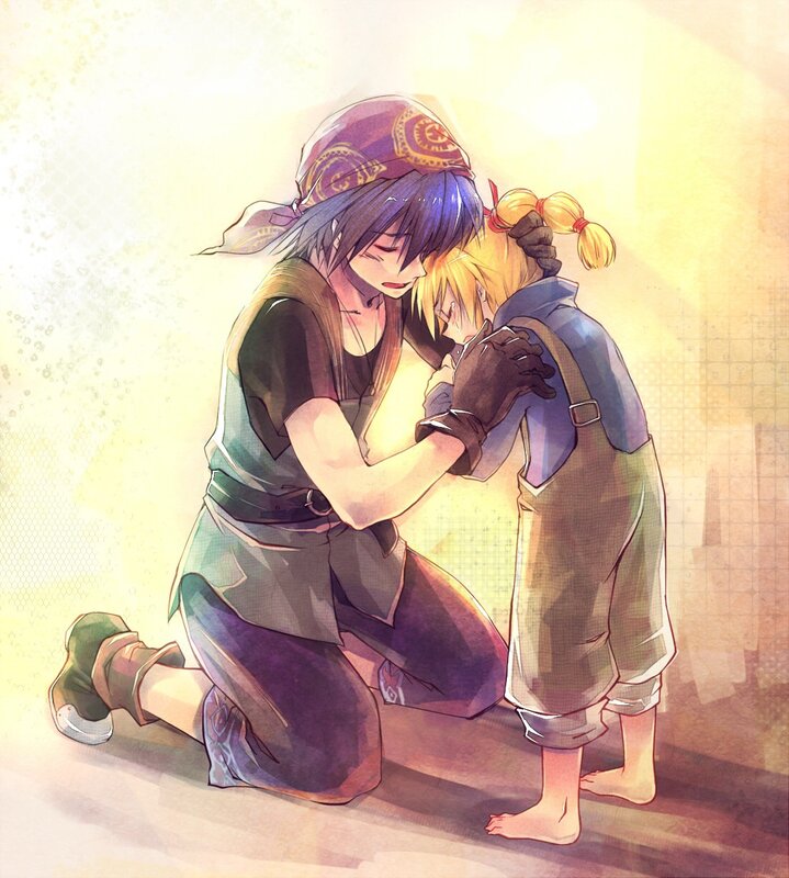 Two Characters Hugging — Yellow, Warm, Sunset