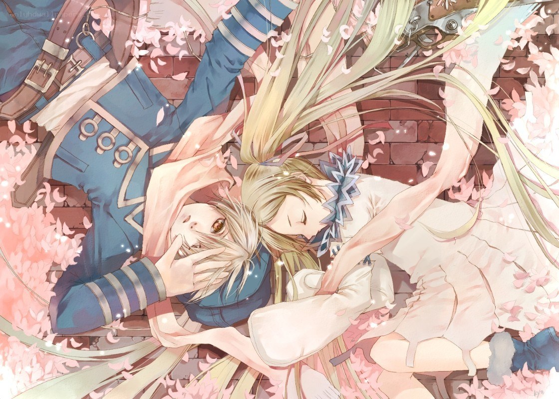 Two characters in a cherry blossom field